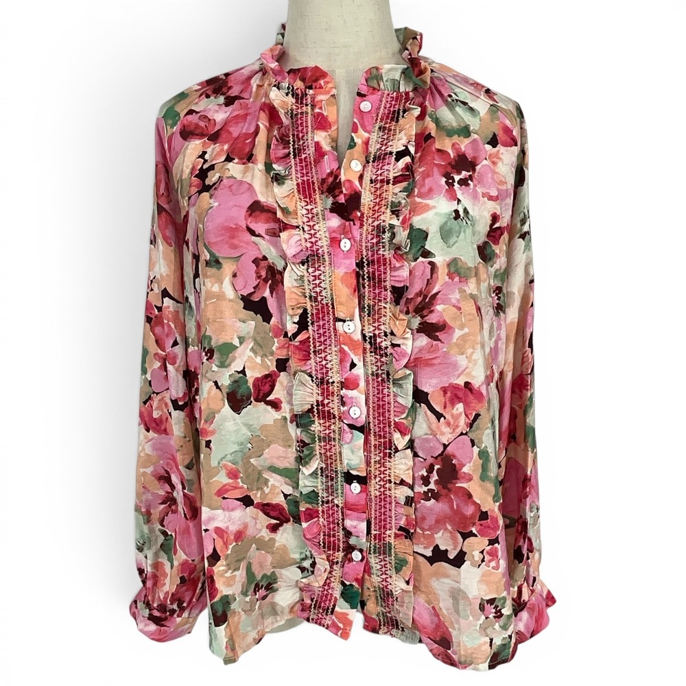 Easy Clothes‎ Pink Orange Floral Ruffle Smocked Button Down Blouse Size S/M